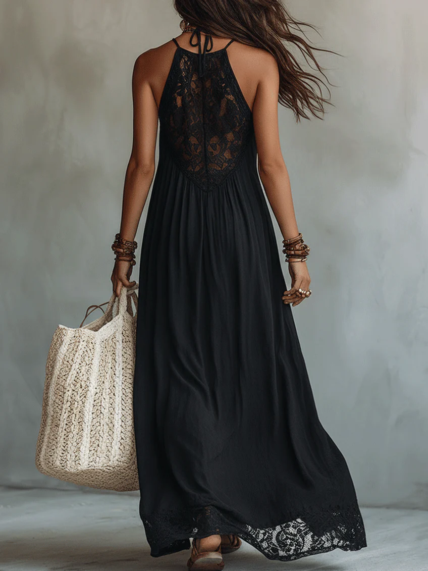 Women’s Black Lace Maxi Dress with Flowing Silhouette
