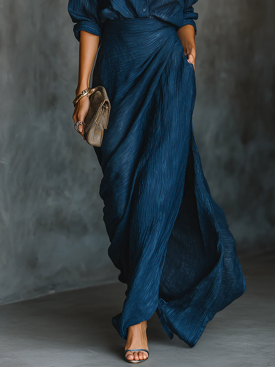 Women's Long Sleeve Shirt & Wrap Maxi Skirt Two-Piece Set