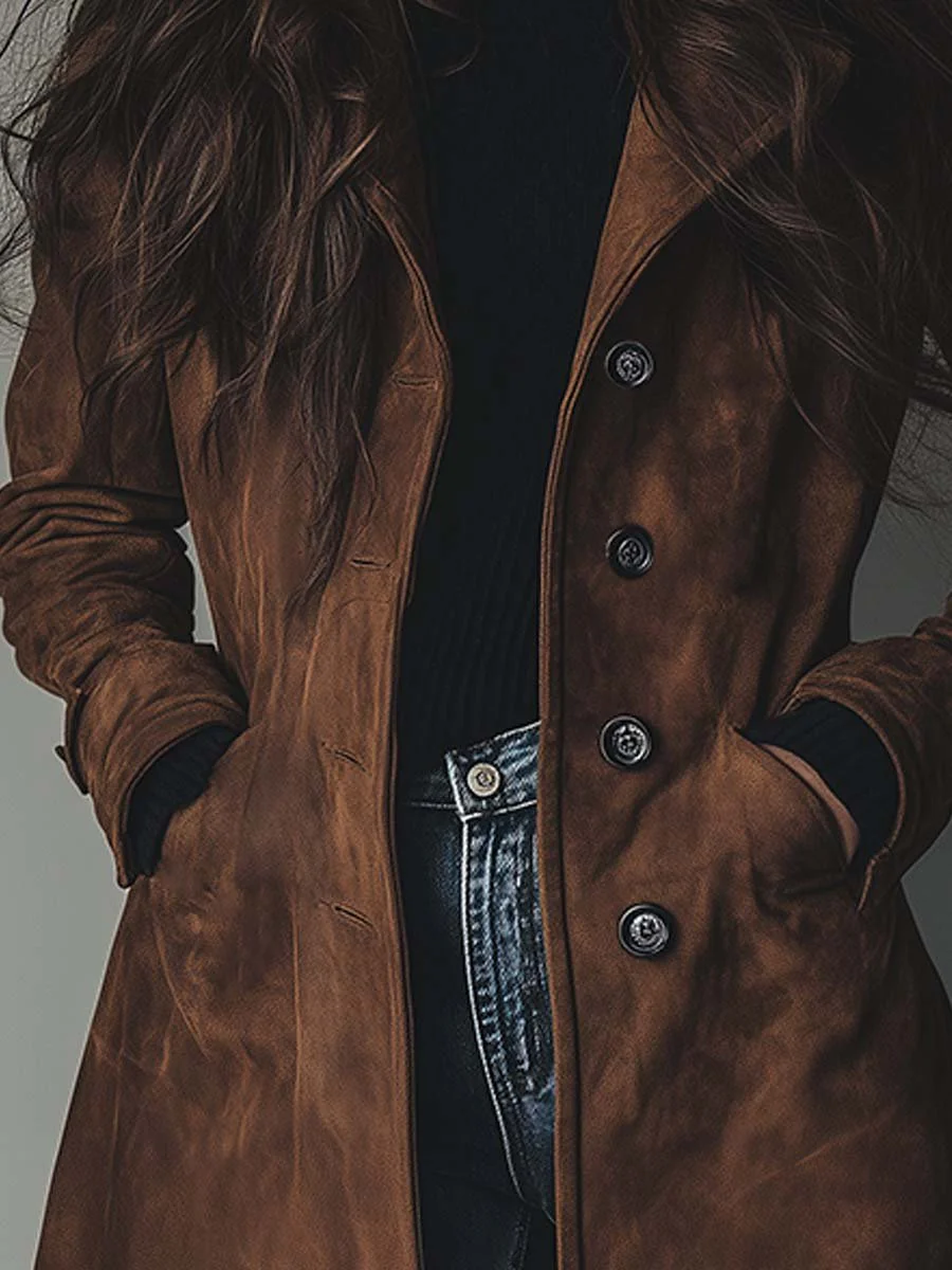 Women's Faux Suede Long Trench Coat