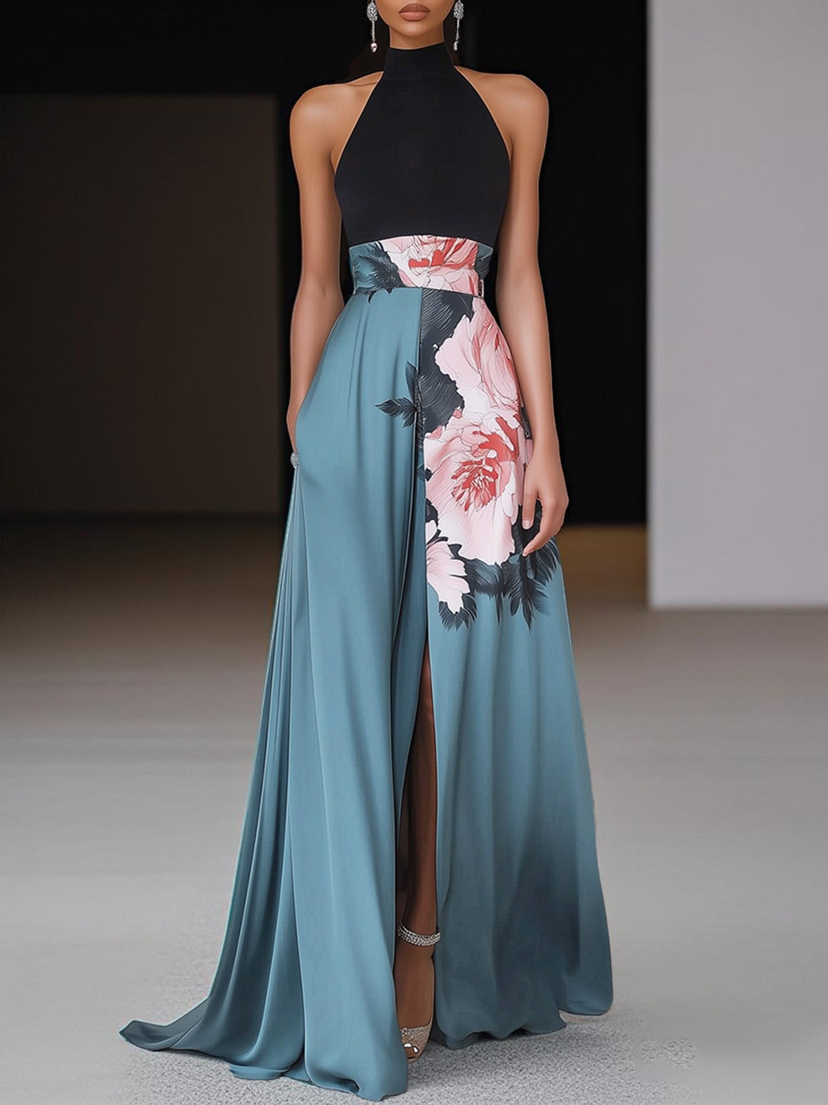 Elegant Halter Neck Floral Maxi Dress for Women
