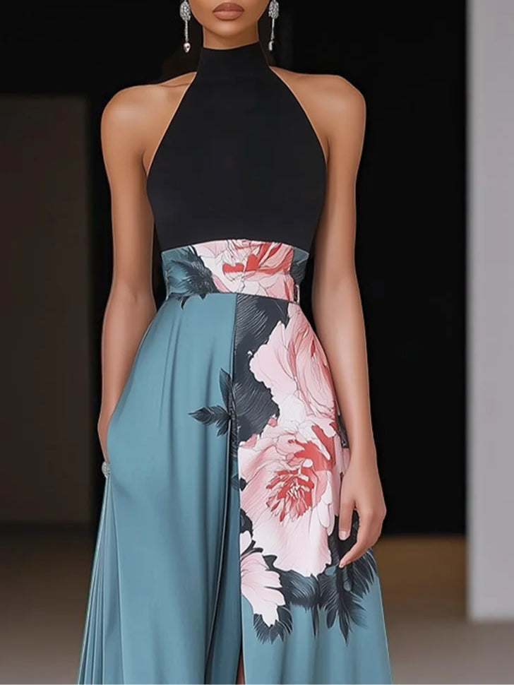 Elegant Halter Neck Floral Maxi Dress for Women