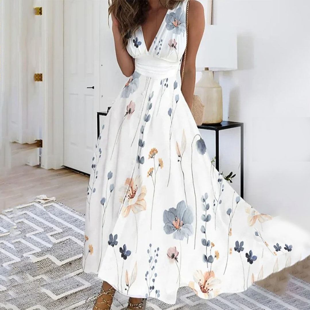 Women’s Sleeveless Floral V-Neck Maxi Dress with Flowing A-Line Silhouette