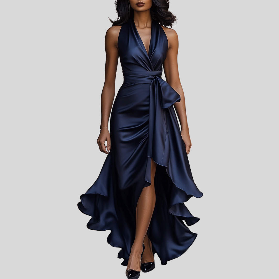 Women’s Satin Halter Maxi Dress with Dramatic Ruffle Hem