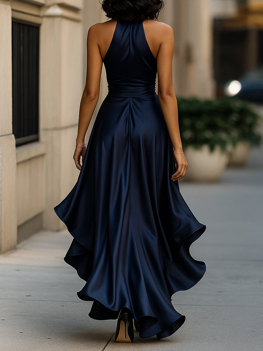 Women’s Satin Halter Maxi Dress with Dramatic Ruffle Hem
