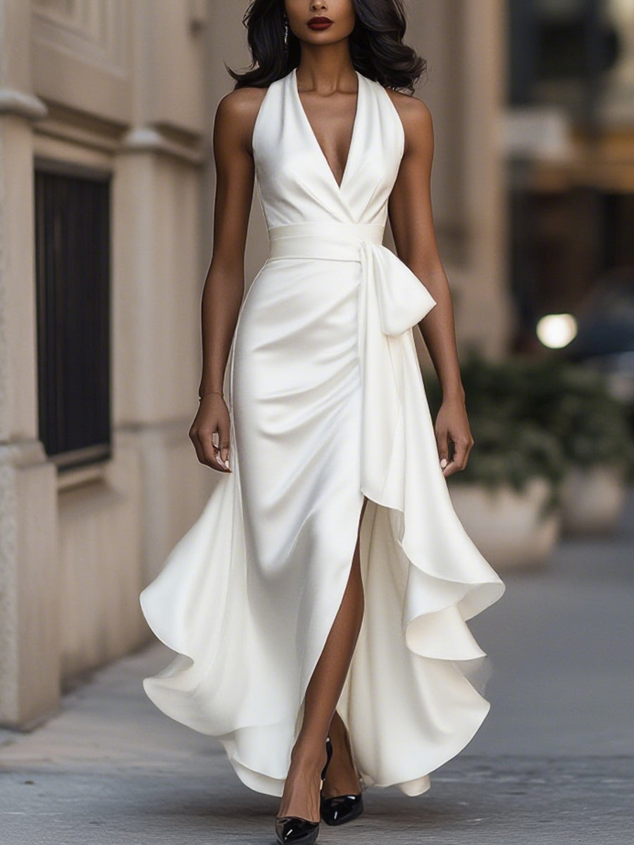 Women’s Satin Halter Maxi Dress with Dramatic Ruffle Hem