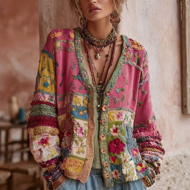 Women's Boho Floral Patchwork Knit Cardigan