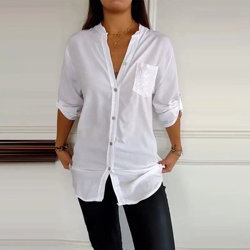 Women's Sequin Pocket Button-Up Blouse