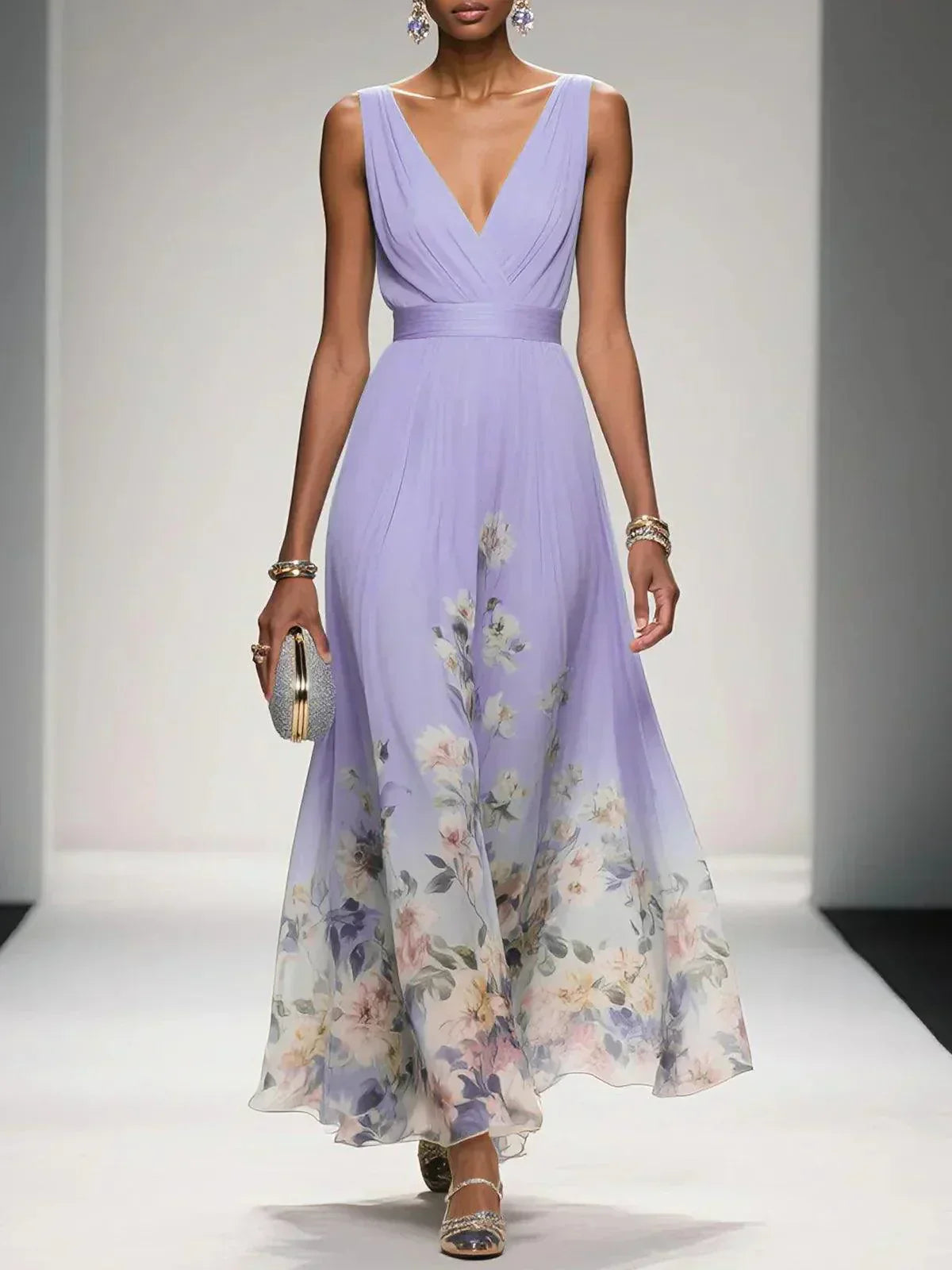 Women’s Floral V Neck Sleeveless Maxi Dress with Flowing Silhouette