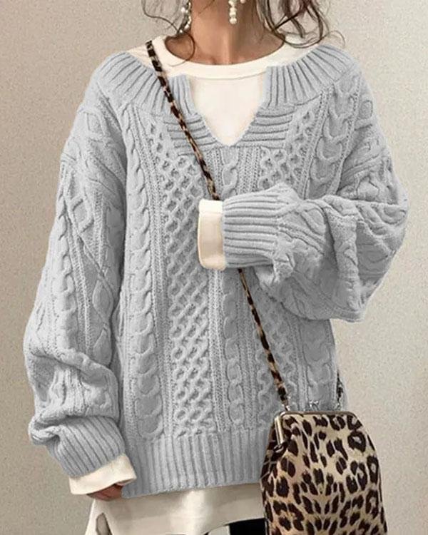 Women's Oversized Cable V-Neck Knit Sweater