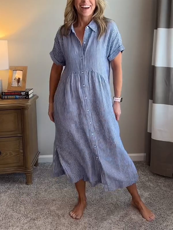 Casual Striped Button-Front Midi Dress for Women