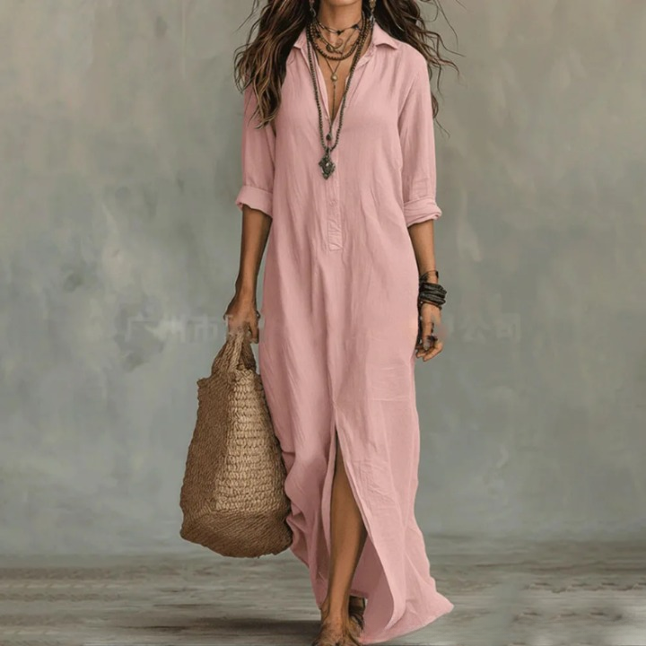 Women's Maxi Shirt Dress with Turn-Down Collar