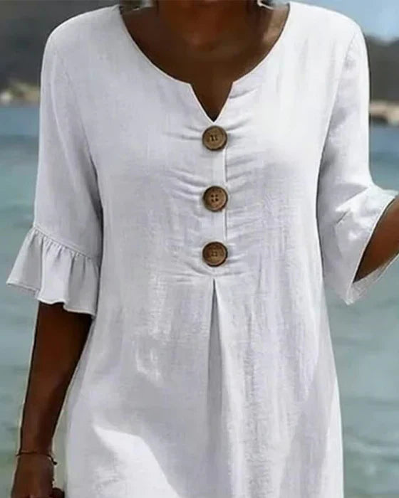 Women's V-Neck Button Ruffle Cuff Midi Dress