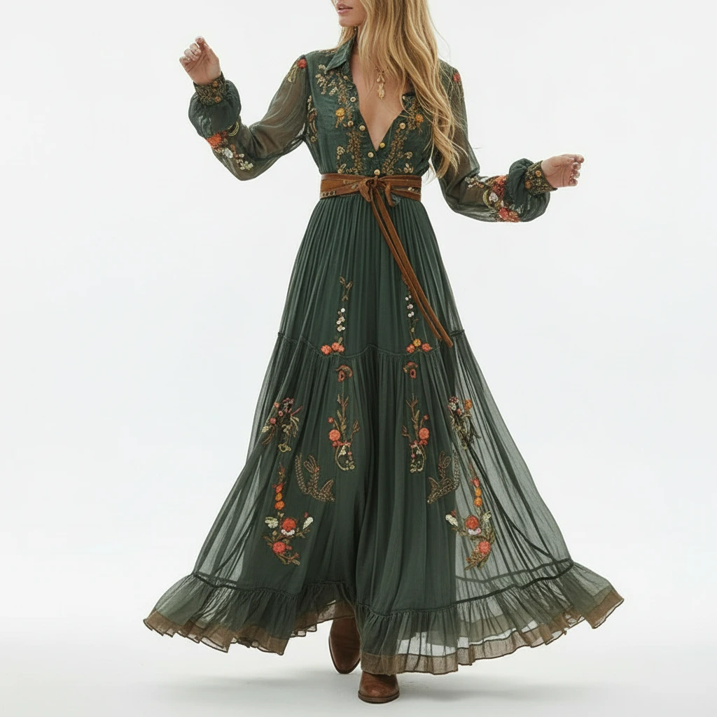 Women’s Vintage-Inspired Floral Embroidered Bohemian Maxi Dress