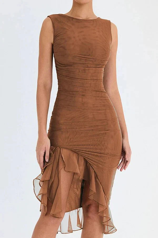 Women’s Sleeveless Ruched Asymmetrical Ruffle Hem Midi Dress