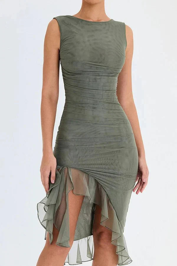 Women’s Sleeveless Ruched Asymmetrical Ruffle Hem Midi Dress