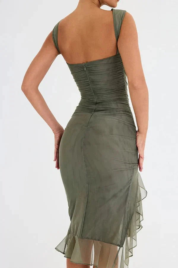 Women’s Sleeveless Ruched Asymmetrical Ruffle Hem Midi Dress