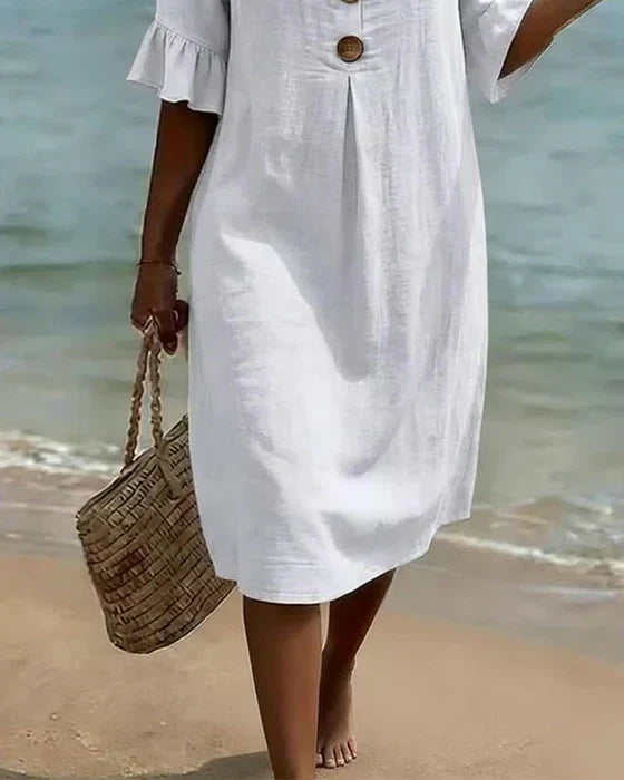 Women's V-Neck Button Ruffle Cuff Midi Dress