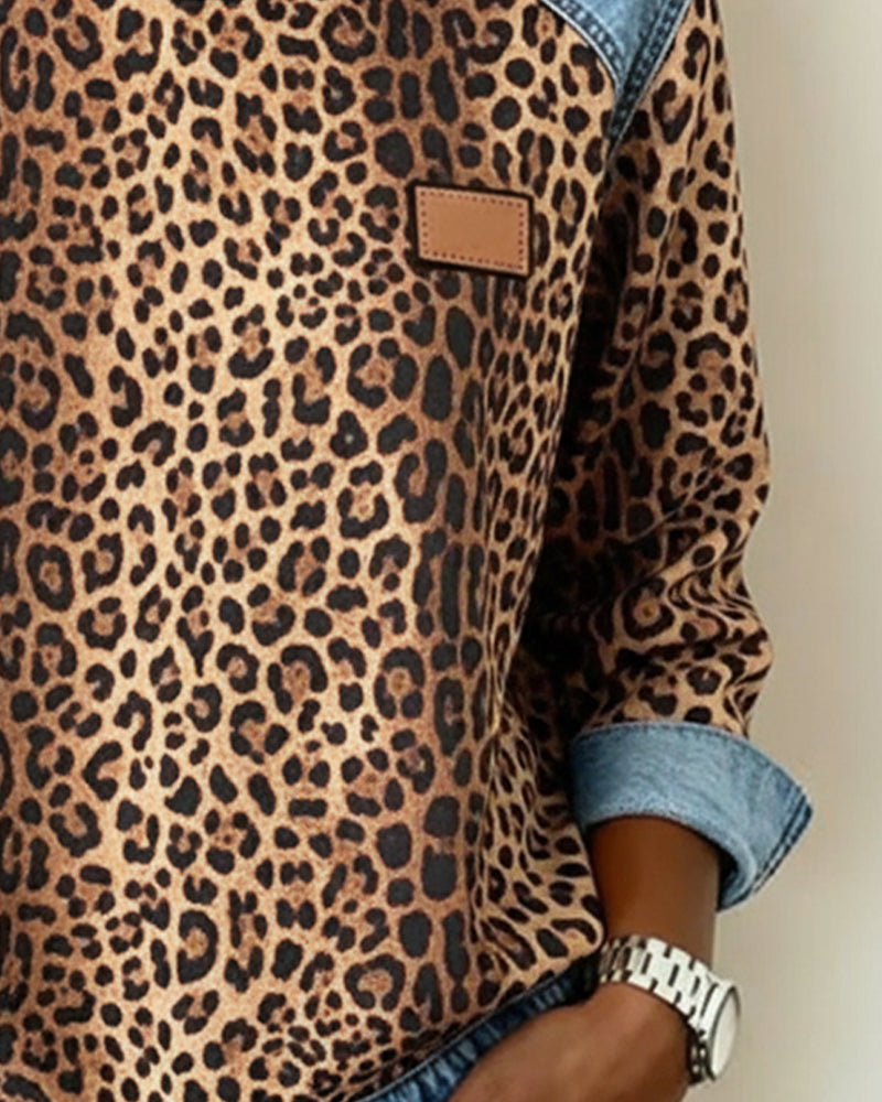 Women's Leopard Print Denim Patchwork Sweatshirt