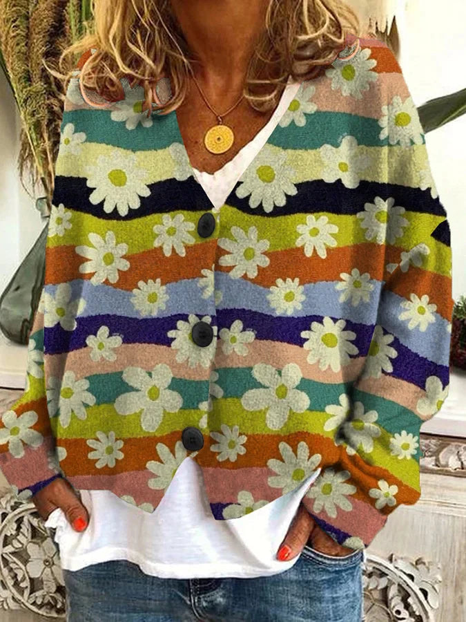 Women’s Floral Stripe Button Cardigan Sweater