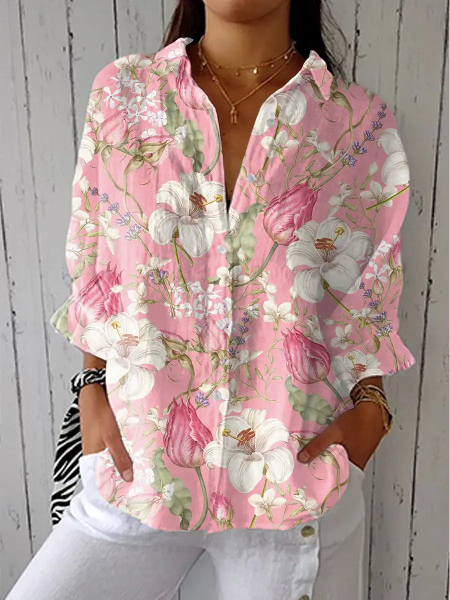 Women's Floral Button-Up Blouse with Romantic Garden Print
