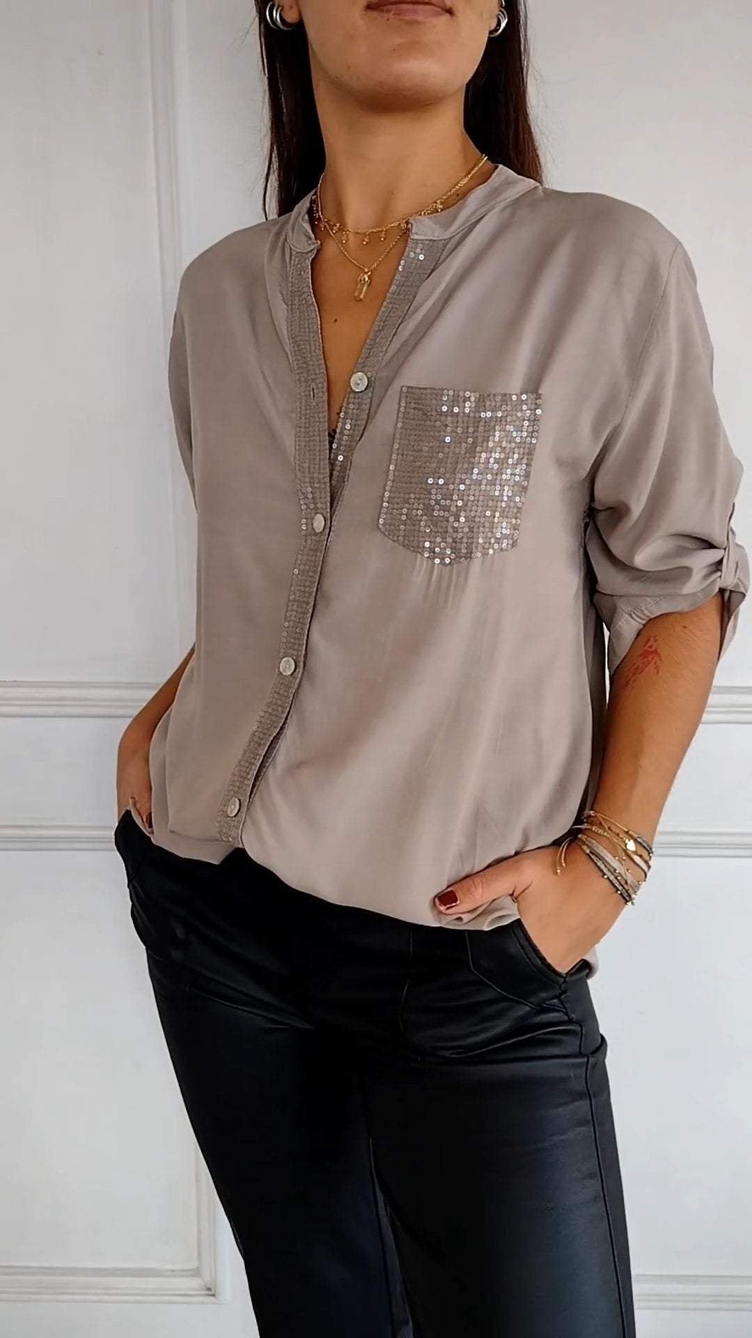 Women's Sequin Pocket Button-Up Blouse