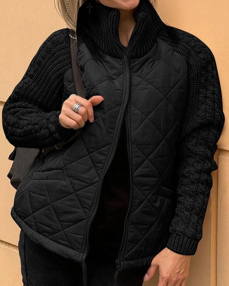 Women's Quilted Jacket with Cable Knit Sleeves
