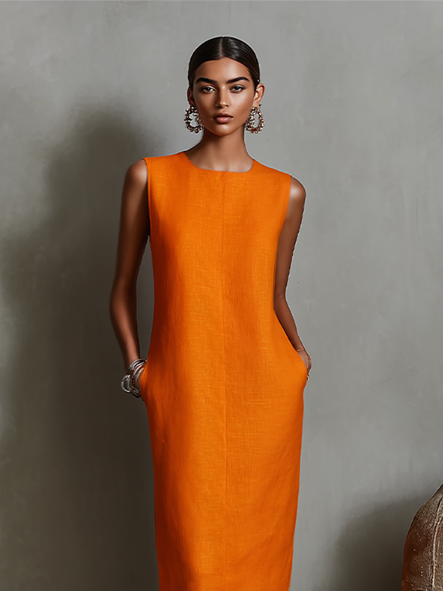 Women's Sleeveless Crew Neck Shift Midi Dress