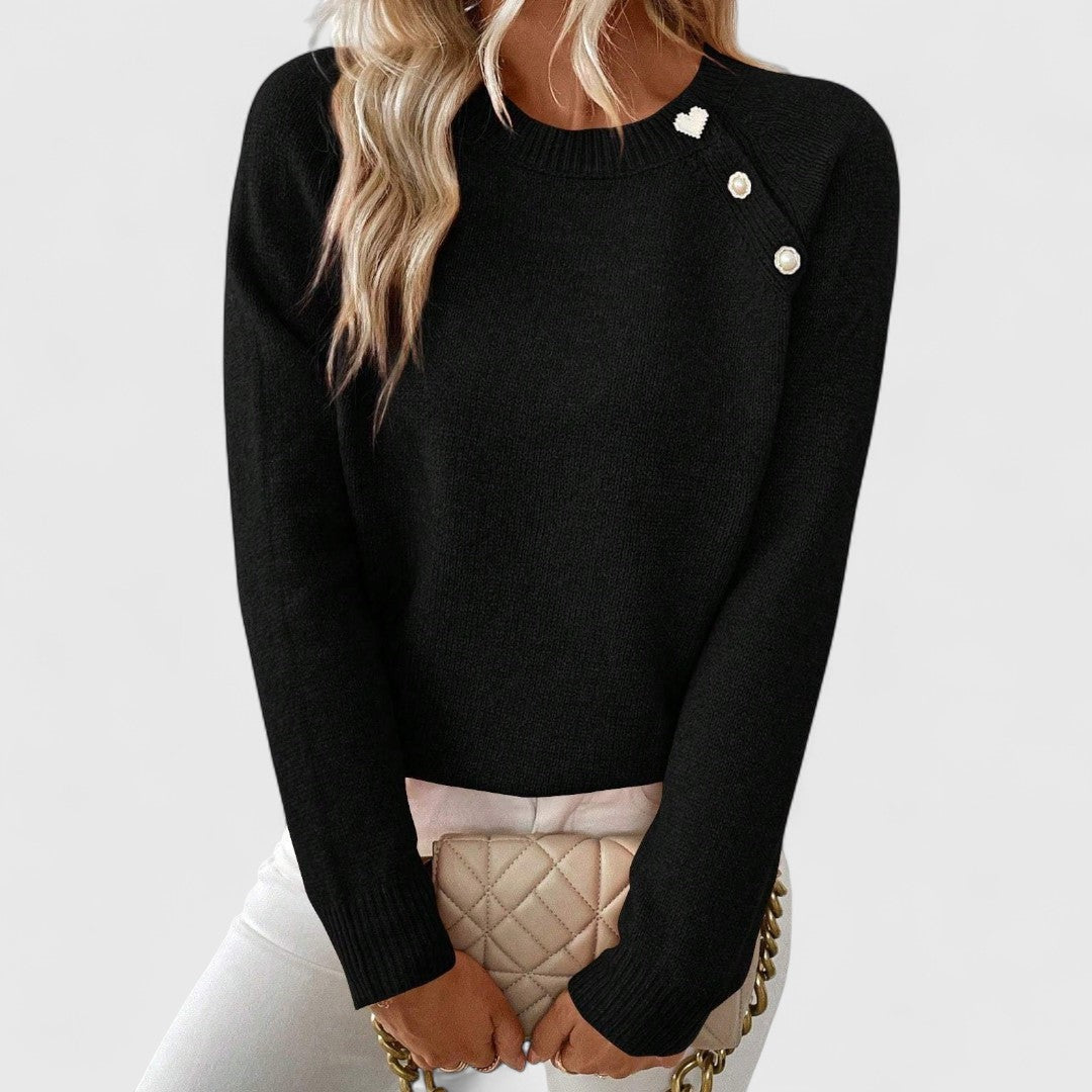 Women's Crew Neck Sweater with Decorative Button Accents