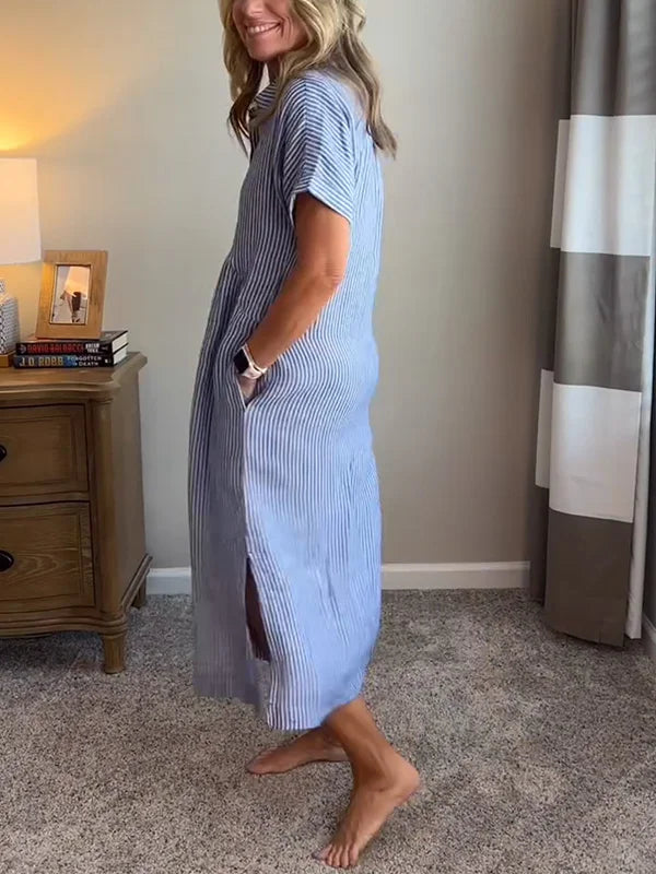 Women’s Relaxed Striped Midi Shirt Dress with Button Front and Side Pockets