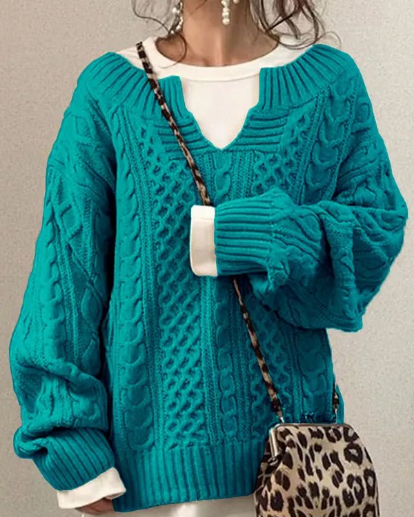 Women's Oversized Cable V-Neck Knit Sweater