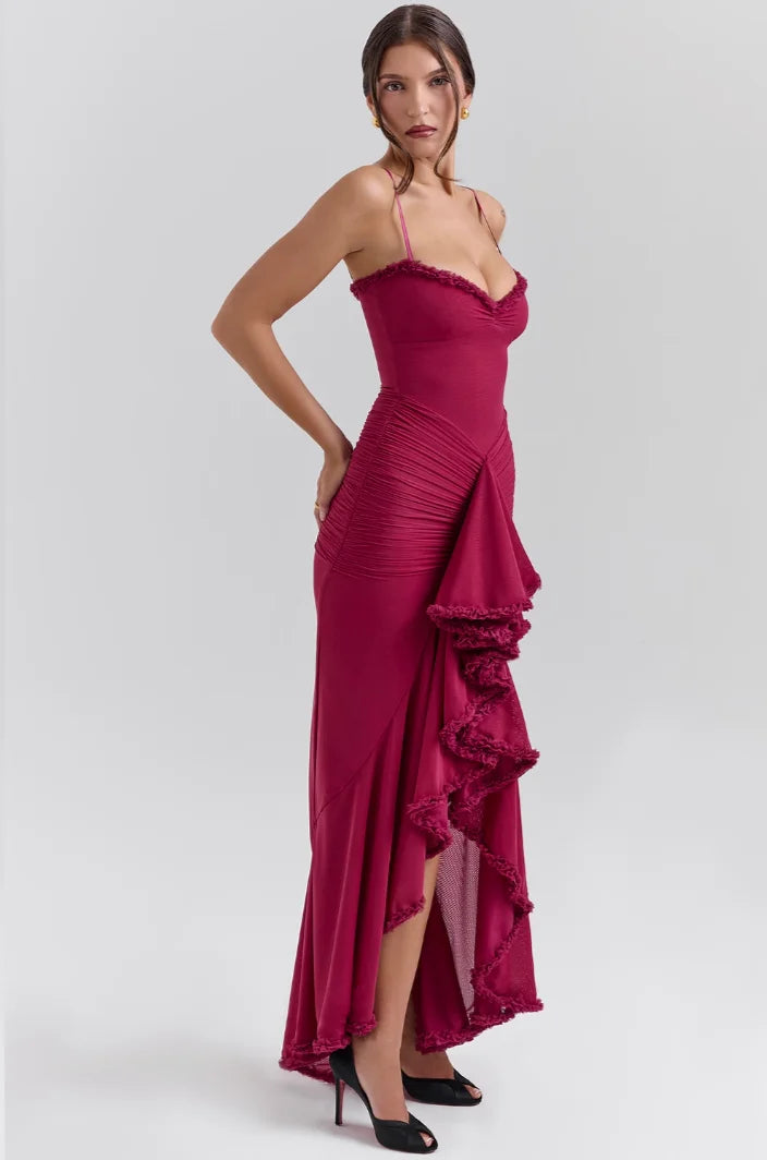Cali - Women’s fitted midi dress with ruffled details