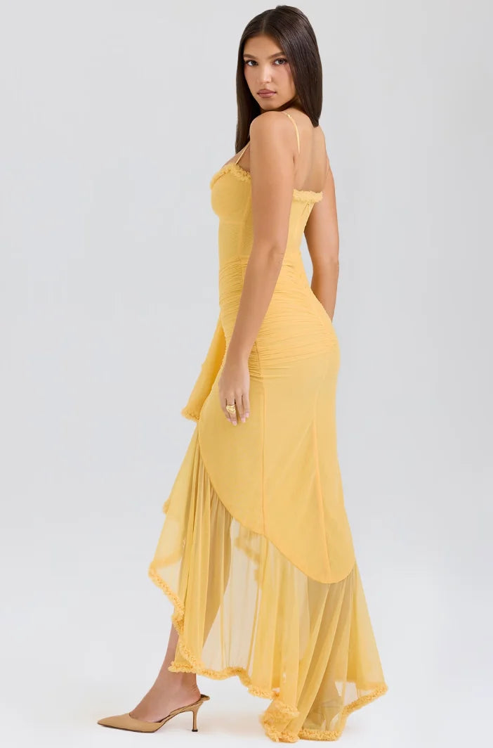 Cali - Women’s fitted midi dress with ruffled details