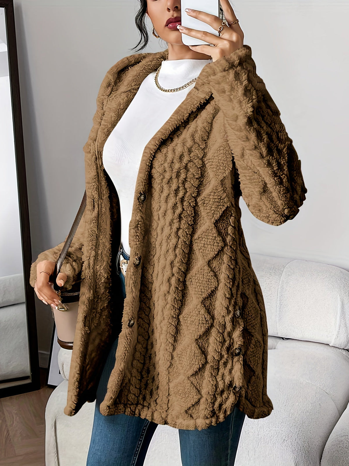 Women's Cable Knit Cardigan with Hood