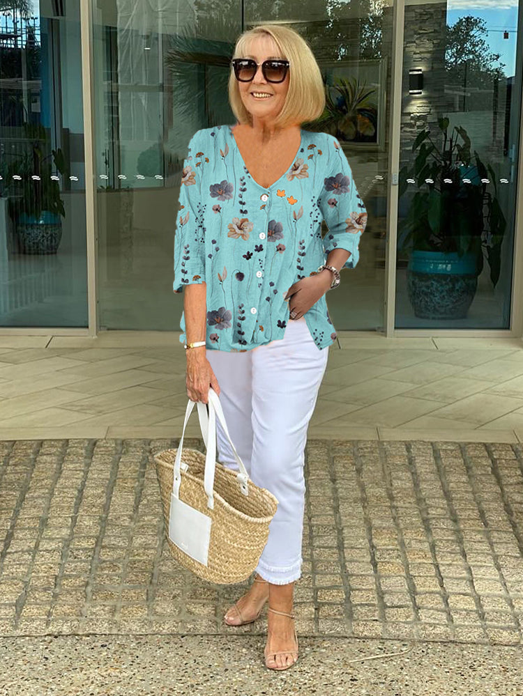 Women's Floral V-Neck Blouse with Three-Quarter Sleeves