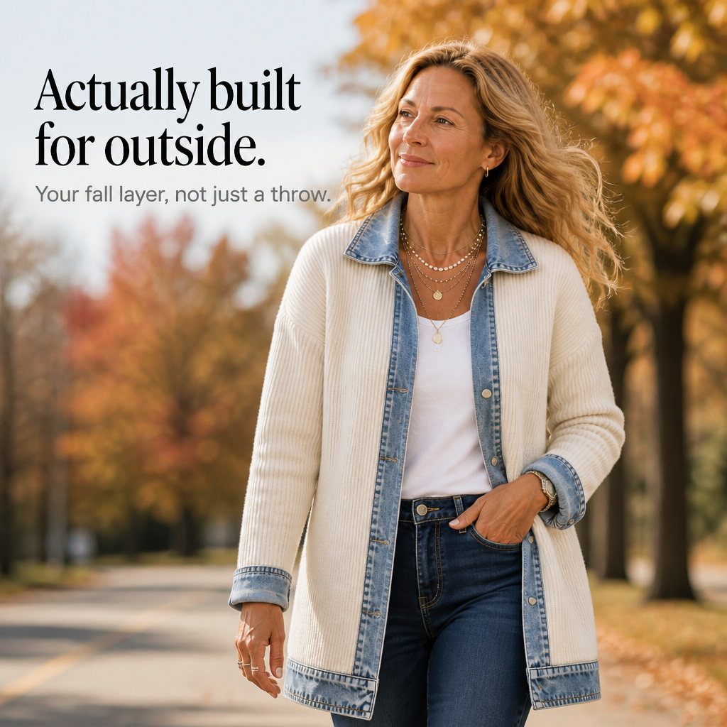 Women's Ribbed Knit Cardigan with Denim Panels