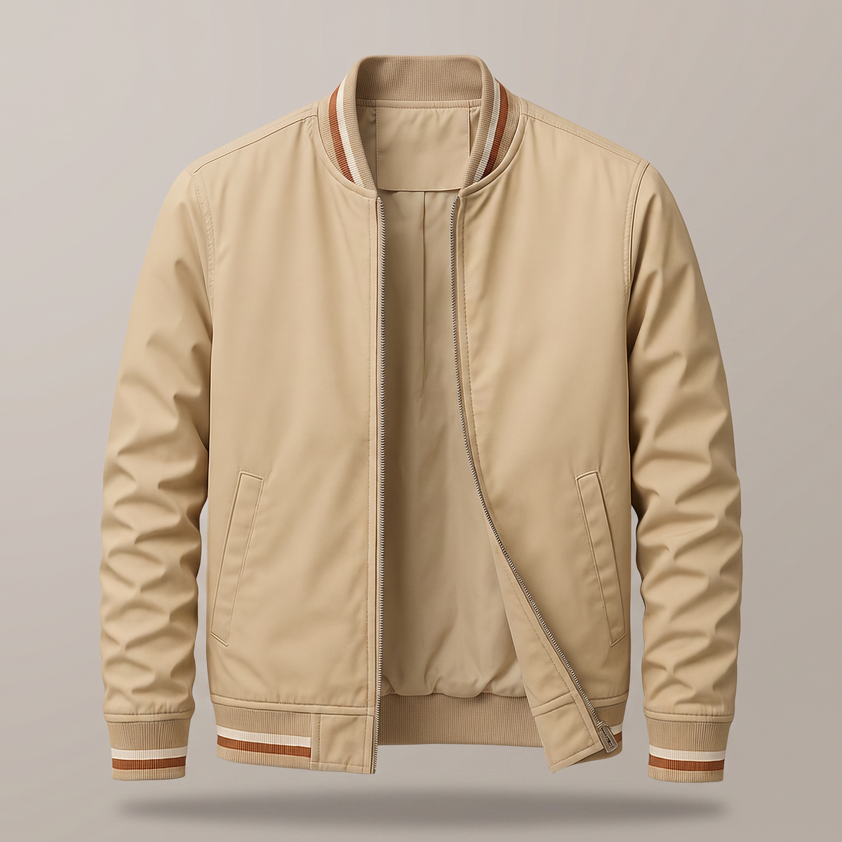 Men's Zip-Up Classic Bomber Jacket with Ribbed Detail