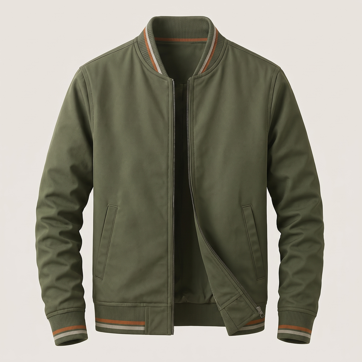 Men's Zip-Up Classic Bomber Jacket with Ribbed Detail