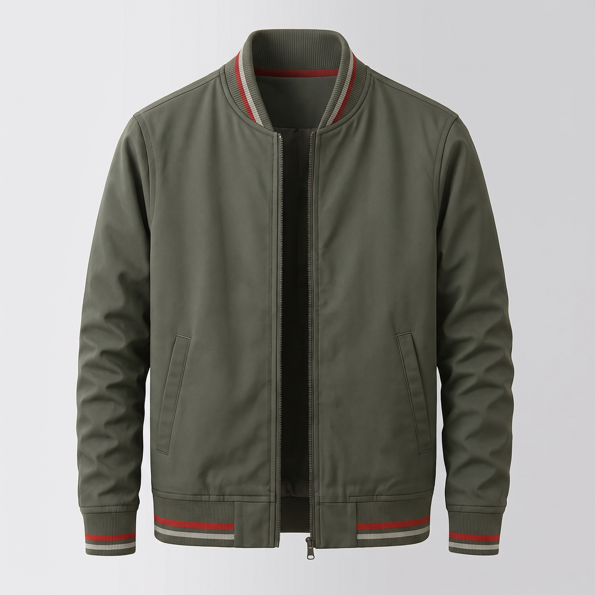 Men's Zip-Up Classic Bomber Jacket with Ribbed Detail