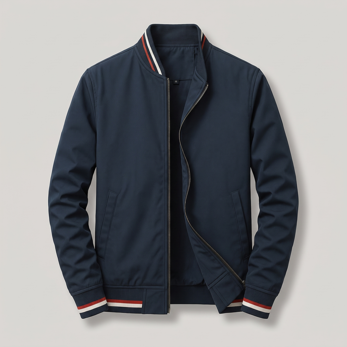 Men's Zip-Up Classic Bomber Jacket with Ribbed Detail