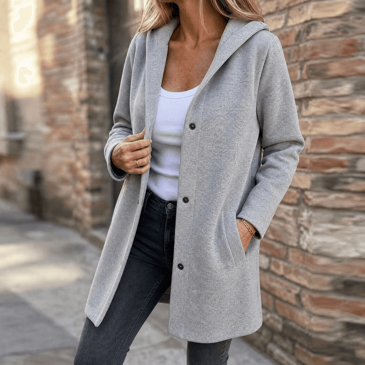 Women's Button-Front Hooded Knit Coat