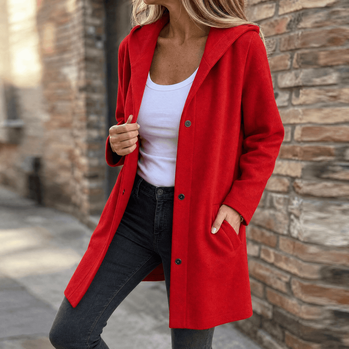 Women's Button-Front Hooded Knit Coat