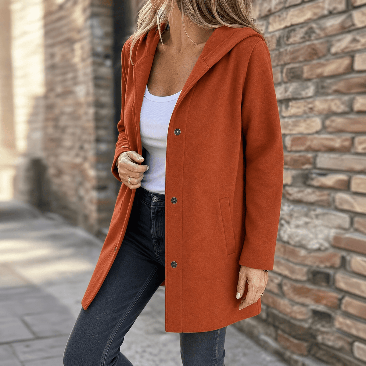Women's Button-Front Hooded Knit Coat