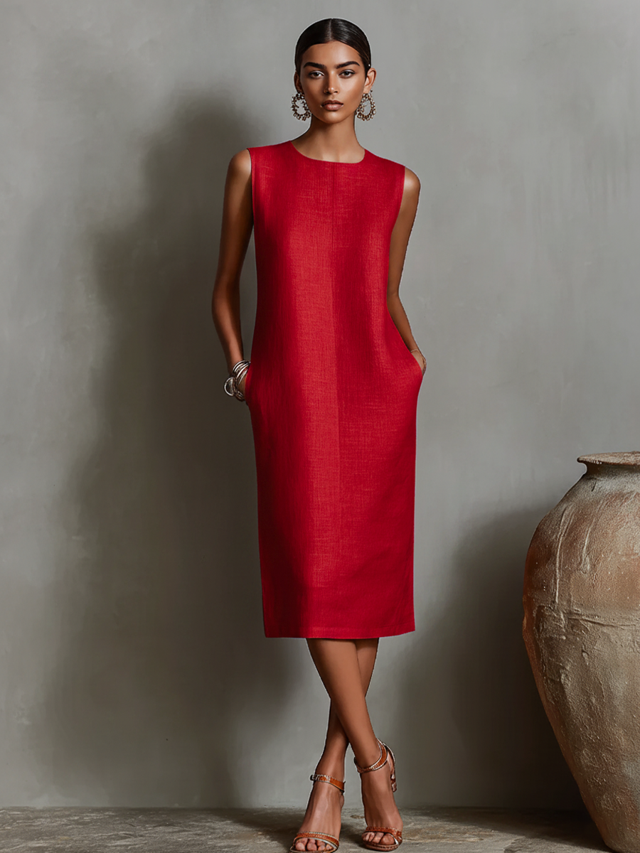 Women's Sleeveless Crew Neck Shift Midi Dress