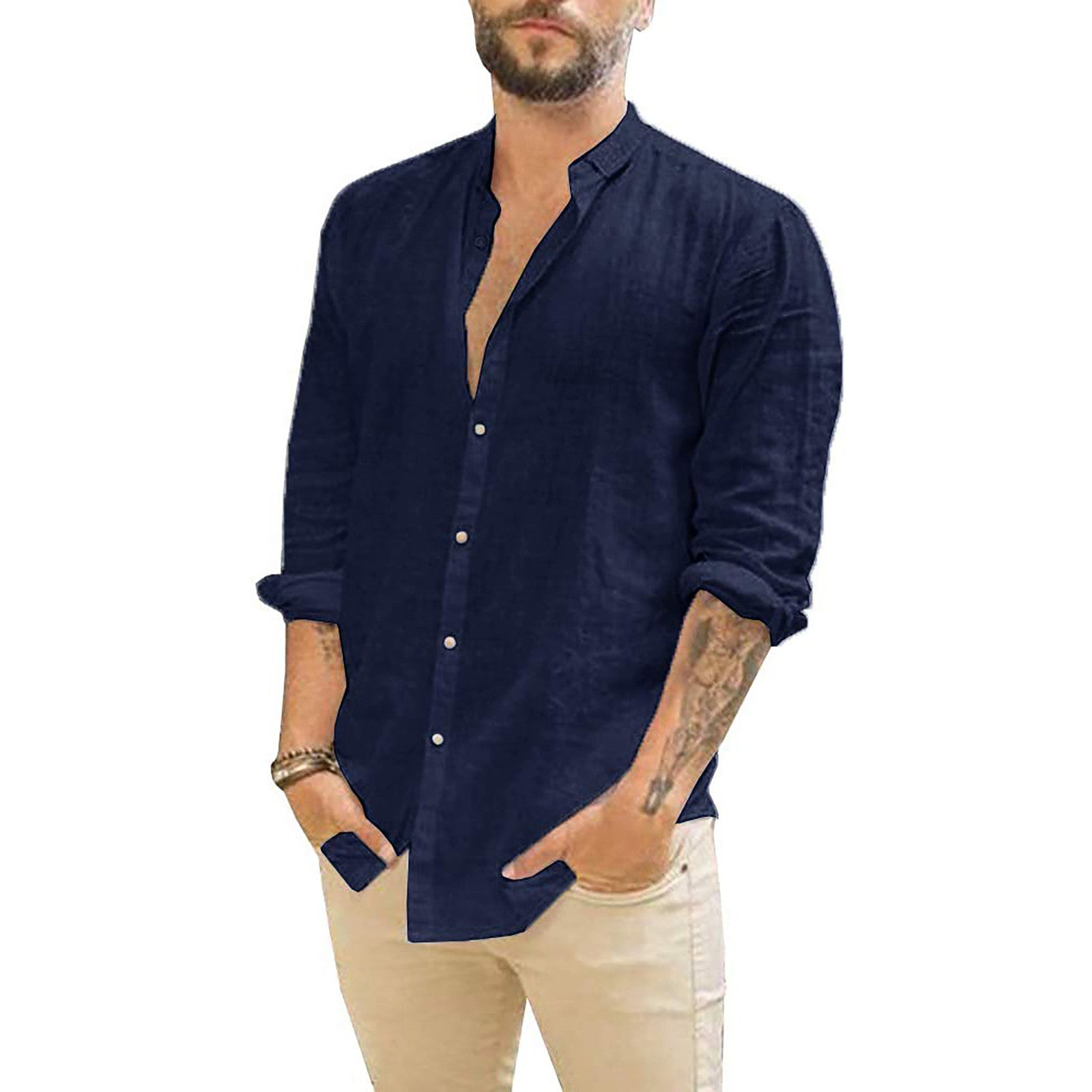 Men's Button-Up Long Sleeve Shirt with Stand Collar