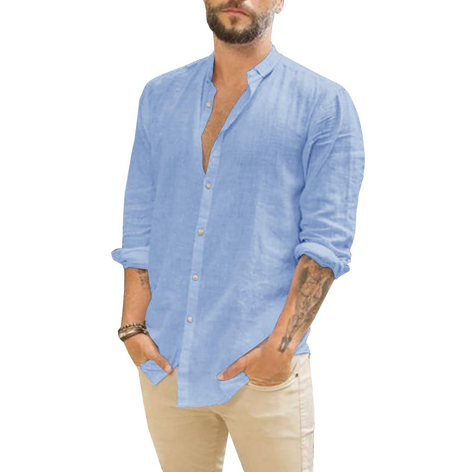 Men's Button-Up Long Sleeve Shirt with Stand Collar