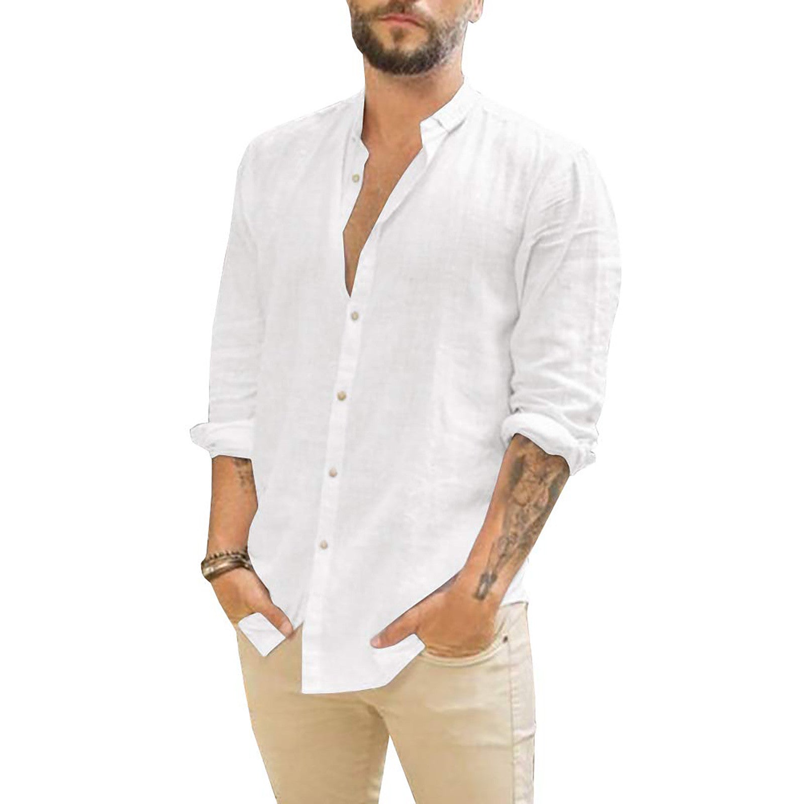 Men's Button-Up Long Sleeve Shirt with Stand Collar