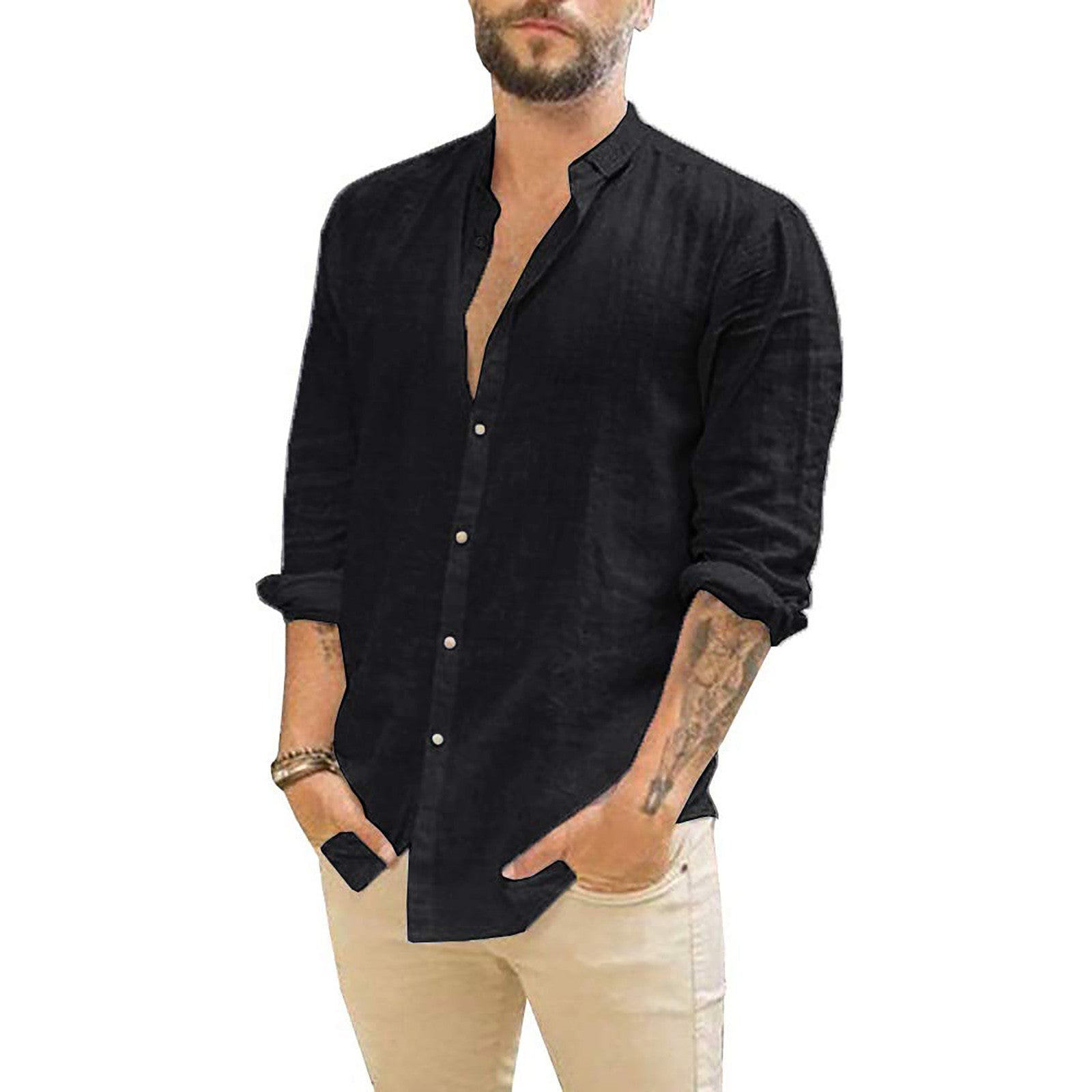 Men's Button-Up Long Sleeve Shirt with Stand Collar
