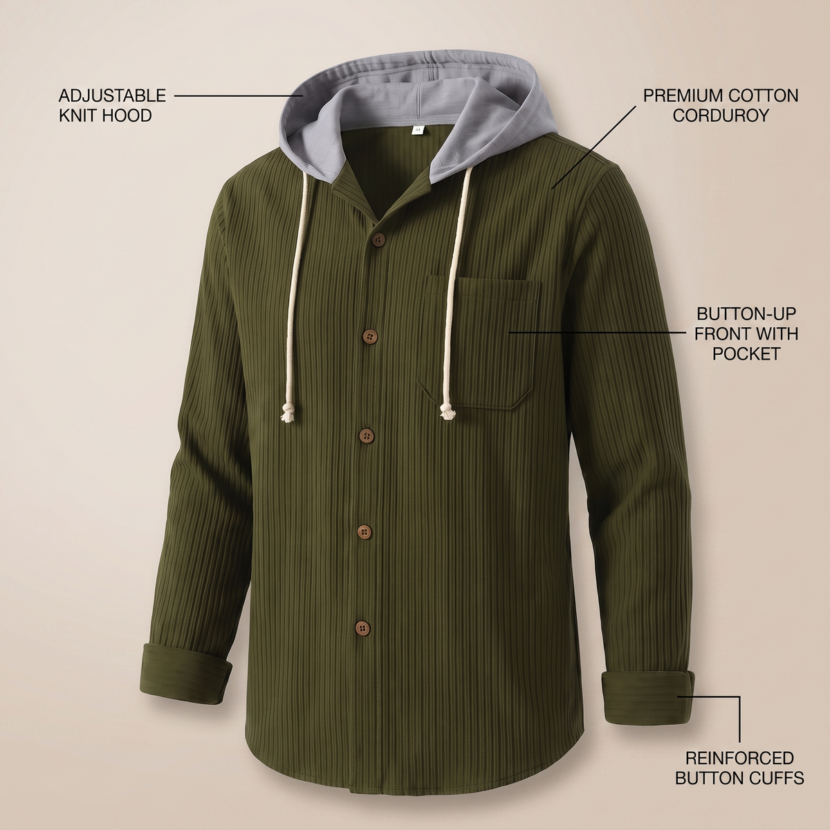 Men's Casual Button-Up Hooded Corduroy Jacket