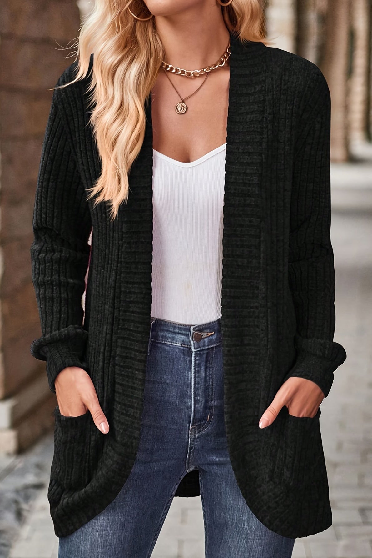 Women's Long Open Front Cardigan with Pockets