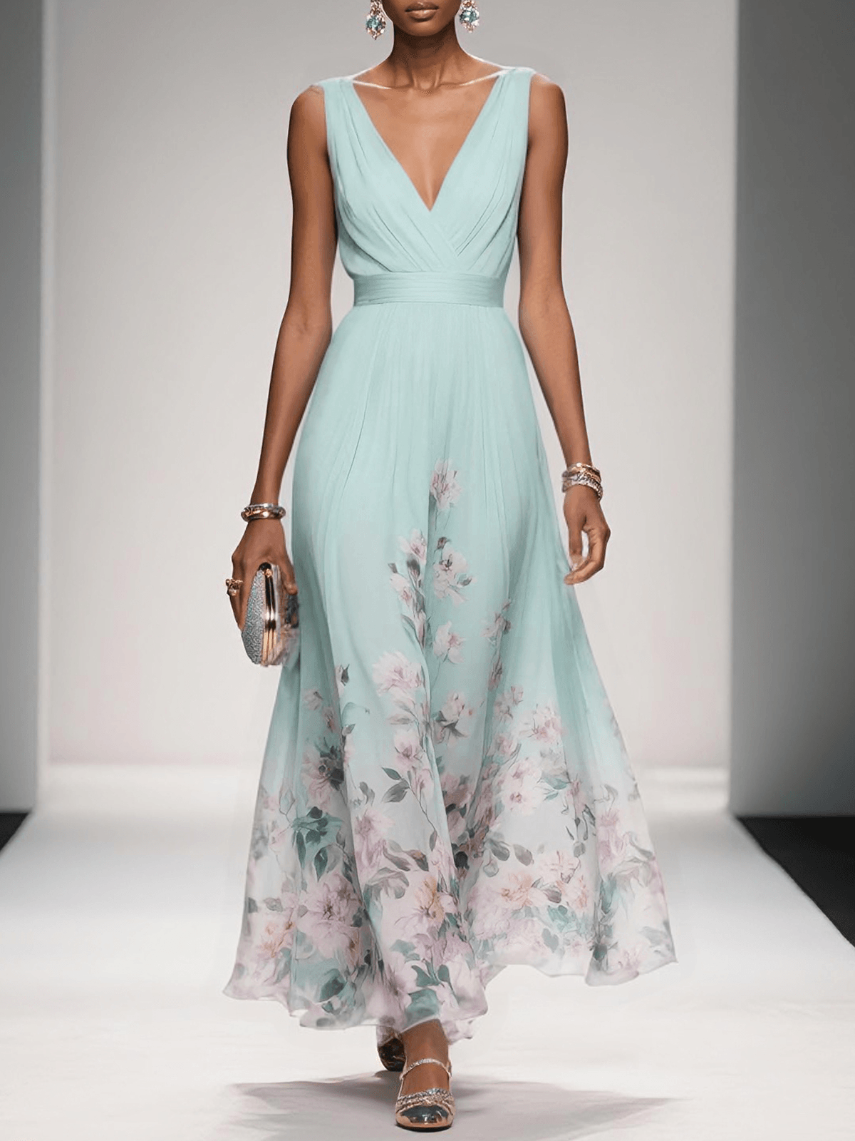 Women’s Floral V Neck Sleeveless Maxi Dress with Flowing Silhouette